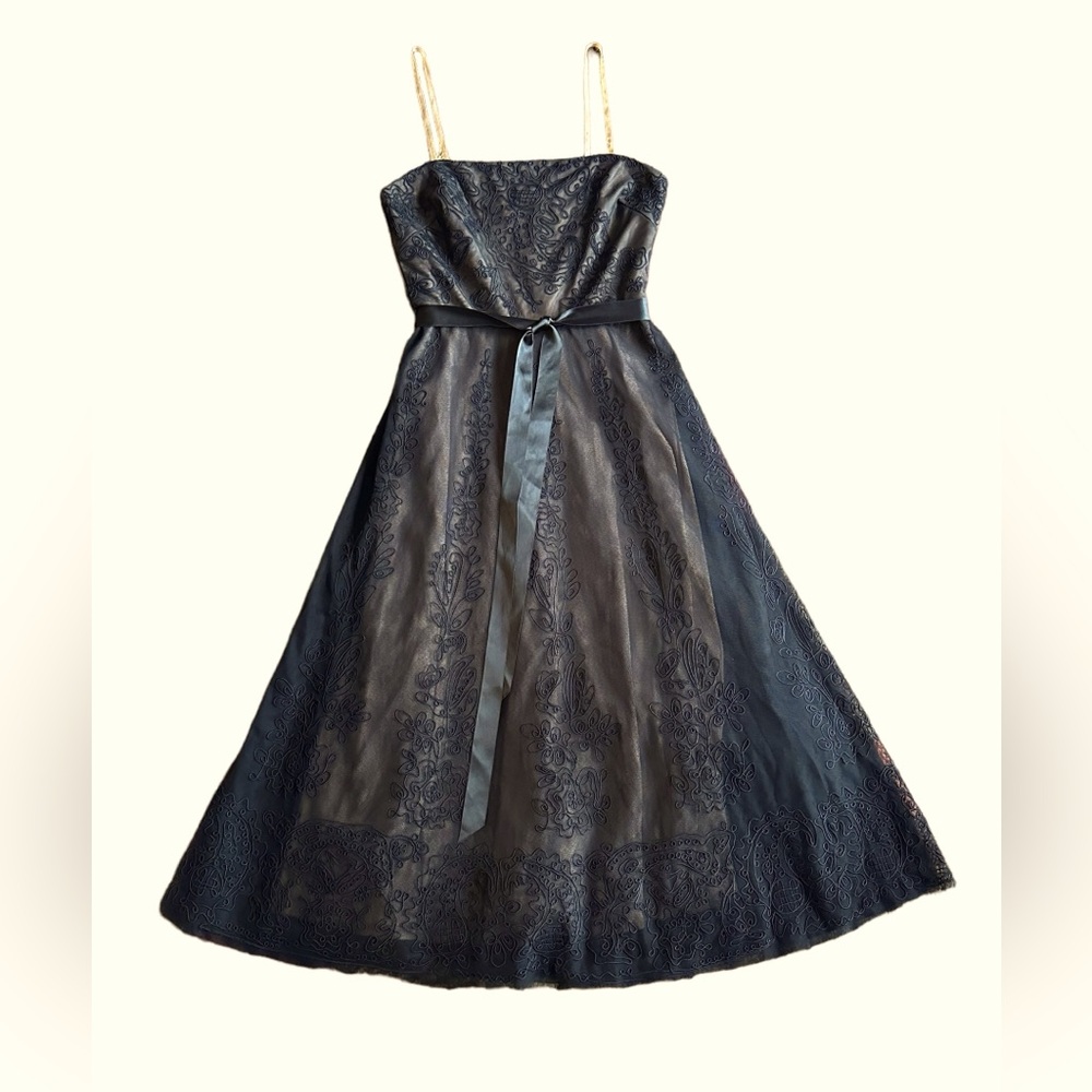 BCBGMaxazria Chiffon Tulle Lined Dress Embroidered Strapless‎ black tan size XS